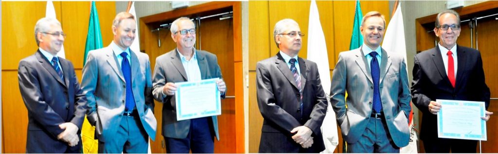 Zezinho (primeira foto) e Toninho, ao lado do Juiz e do Promotor Eleitorais. Secretários representaram o prefeito e vice, que não compareceram à diplomação.